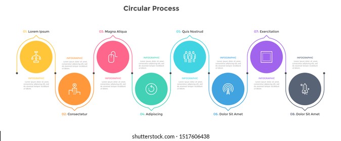 Process chart with eight colorful circular elements and arrows or pointers. Concept of 4 stages of business development. Flat infographic design template. Vector illustration for progress bar.