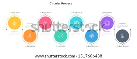 Process chart with eight colorful circular elements and arrows or pointers. Concept of 4 stages of business development. Flat infographic design template. Vector illustration for progress bar.