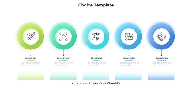 Process chart with five colorful blured rings placed in horizontal row. Concept of 5 stages of startup development. Modern infographic design template. Realistic vector illustration for report.