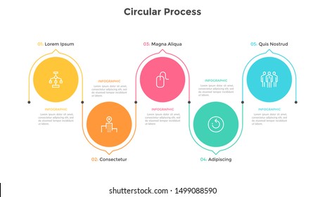 Process Chart With Five Colorful Circular Elements And Arrows Or Pointers. Concept Of 5 Stages Of Business Development. Flat Infographic Design Template. Vector Illustration For Progress Bar.