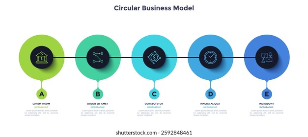 Process chart with five connected blak circles placed in horizontal row. Concept of 5 stages of startup development. Modern infographic design template. Flat vector illustration for report.