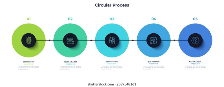 Process chart with five connected colorful circles placed in horizontal row. Concept of 5 stages of startup development. Modern infographic design template. Flat vector illustration for report.