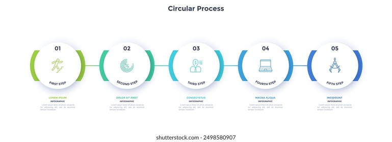 Process chart with five connected paper white circles placed in horizontal row. Concept of 5 stages of startup development. Modern infographic design template. Flat vector illustration for report.