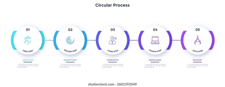 Process chart with five connected paper white circles placed in horizontal row. Concept of 5 stages of startup development. Modern infographic design template. Flat vector illustration for report.