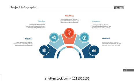 Process chart with five elements. Step diagram, pie chart, layout. Creative concept for infographics, presentation, project, report. Can be used for topics like management, strategy, planning.