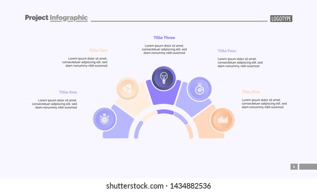 Process chart with five elements. Step diagram, pie chart, layout. Creative concept for infographics, presentation, project, report. Can be used for topics like management, strategy, planning.