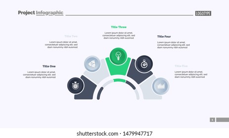 Process chart with five elements. Step diagram, pie chart, layout. Creative concept for infographics, presentation, project, report. Can be used for topics like management, strategy, planning.
