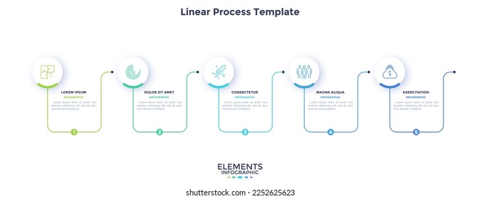 Process chart with five linear elements placed in horizontal row. Concept of 5 stages of business progressive development. Simple infographic design template. Flat vector illustration for banner.