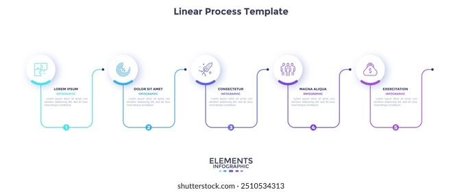 Gráfico de processo com cinco elementos lineares colocados em linha horizontal. Conceito de 5 fases de desenvolvimento progressivo das empresas. Modelo de design infográfico simples. Ilustração de vetor plano para banner.