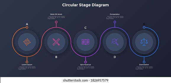 Process Chart With Five Paper Black Circular Elements Placed In Horizontal Row And Curved Line. Concept Of 5 Stages Of Marketing Strategy. Simple Infographic Design Template. Vector Illustration.