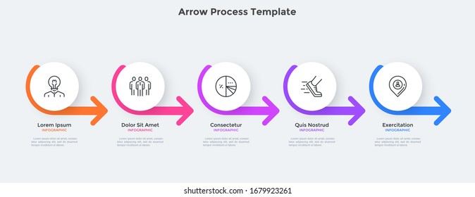 Process chart with five paper white round elements placed in horizontal row and connected by arrows. Concept of 5 steps of business progress. Minimal infographic design template. Vector illustration.