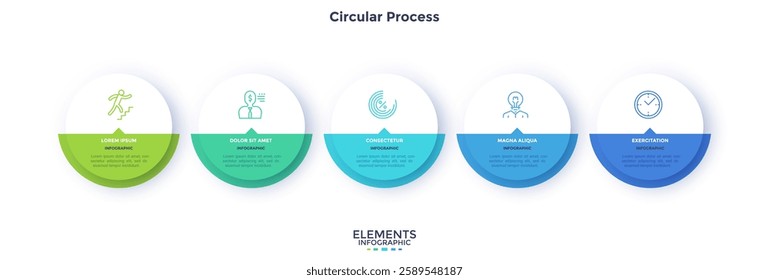 Process chart with five paper white circles placed in horizontal row. Concept of 5 stages of startup development. Modern infographic design template. Flat vector illustration for report.