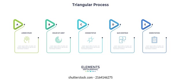 Gráfico de procesos con cinco elementos rectangulares y punteros colocados en fila horizontal. Concepto de 5 etapas de desarrollo de proyectos. Plantilla mínima de diseño infográfico. Ilustración vectorial plana moderna.