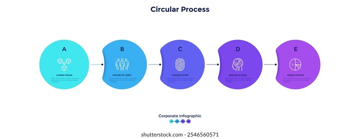 Gráfico de processo com cinco elementos redondos colocados em linha horizontal conectada por linhas. Conceito de 5 etapas da estratégia de marketing. Modelo de design de infográfico corporativo. Ilustração simples de vetor plano.