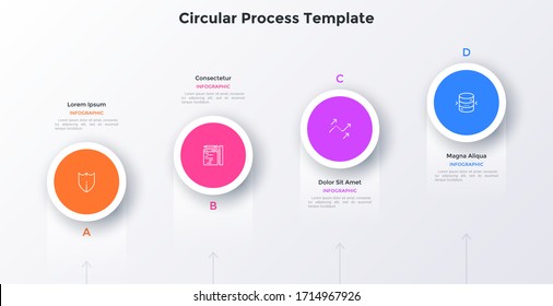 Process chart with four circular elements. Concept of 4 levels or grades of startup project development. Minimal infographic design template. Modern flat vector illustration for business analysis.