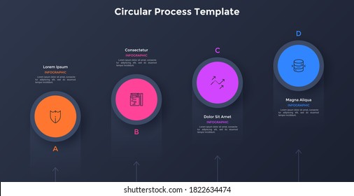 Process chart with four circular elements. Concept of 4 levels or grades of startup project development. Minimal infographic design template. Modern flat vector illustration for business analysis.