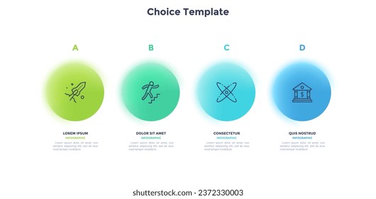 Process chart with four colorful blured circles placed in horizontal row. Concept of 4 stages of startup development. Modern infographic design template. Realistic vector illustration for report.