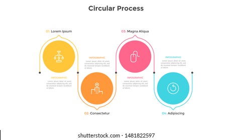 Process chart with four colorful circular elements and arrows or pointers. Concept of 4 stages of business development. Flat infographic design template. Vector illustration for progress bar.
