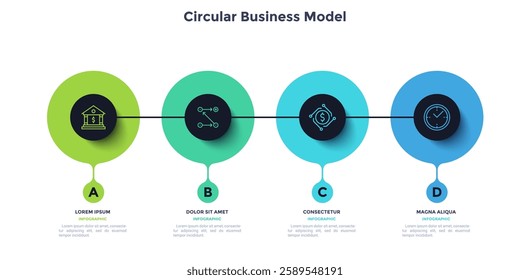 Process chart with four connected blak circles placed in horizontal row. Concept of 4 stages of startup development. Modern infographic design template. Flat vector illustration for report.