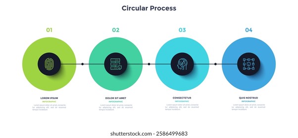 Process chart with four connected colorful circles placed in horizontal row. Concept of 4 stages of startup development. Modern infographic design template. Flat vector illustration for report.