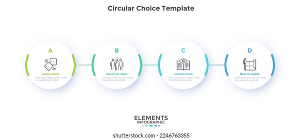Process chart with four connected paper white circles placed in horizontal row. Concept of 4 stages of startup development. Modern infographic design template. Flat vector illustration for report.