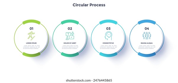 Gráfico de proceso con cuatro círculos blancos de papel conectados colocados en fila Horizontal. Concepto de 4 etapas de desarrollo inicial. Plantilla de diseño de infografía moderna. Ilustración vectorial plana para informe.