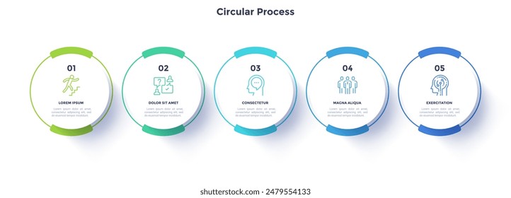 Process chart with four connected paper white circles placed in horizontal row. Concept of 4 stages of startup development. Modern infographic design template. Flat vector illustration for report.