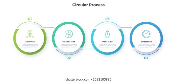 Gráfico de processo com quatro círculos brancos de papel conectados colocados em linha horizontal. Conceito de 4 estágios de desenvolvimento de start-ups. Modelo de design de infográfico moderno. Ilustração de vetor plano para relatório.