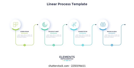 Process chart with four linear elements placed in horizontal row. Concept of 4 stages of business progressive development. Simple infographic design template. Flat vector illustration for banner.