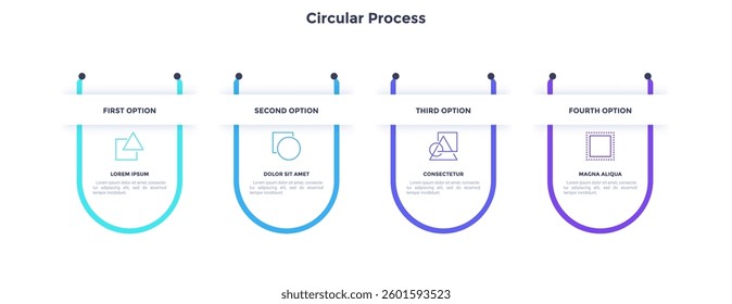 Process chart with four linear elements placed in horizontal row. Concept of 4 stages of business progressive development. Simple infographic design template. Flat vector illustration for banner.