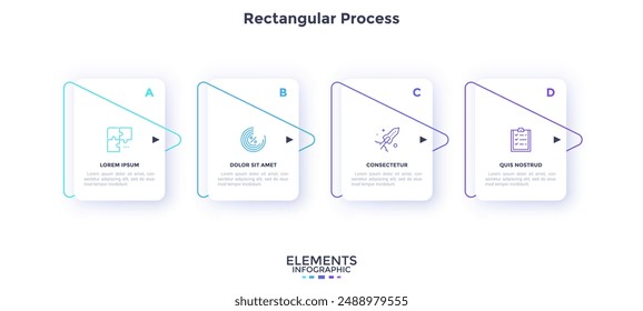 Process chart with four paper white cards placed in horizontal row and connected by thin line pointers. Concept of 4 strategic steps. Minimal infographic design template. Flat vector illustration.