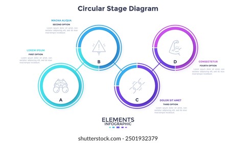 Prozessdiagramm mit vier weißen kreisförmigen Elementen aus Papier, die durch Linien verbunden sind. Konzept von 4 Phasen der Geschäftsstrategie. Moderne flache Infografik-Design-Vorlage. Einfache Vektorgrafik für Bericht.