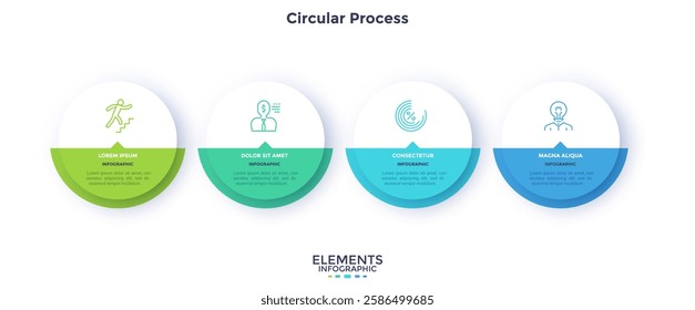 Process chart with four paper white circles placed in horizontal row. Concept of 4 stages of startup development. Modern infographic design template. Flat vector illustration for report.