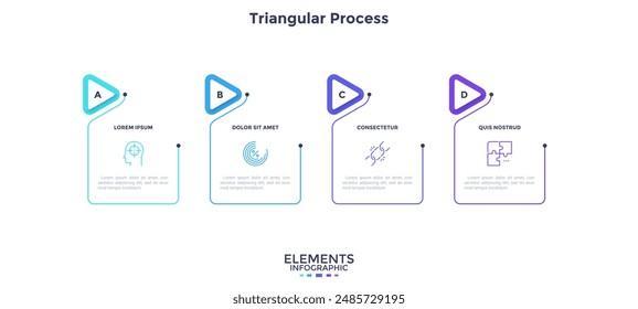 Process chart with four rectangular elements and pointers placed in horizontal row. Concept of 4 stages of project development. Minimal infographic design template. Modern flat vector illustration.