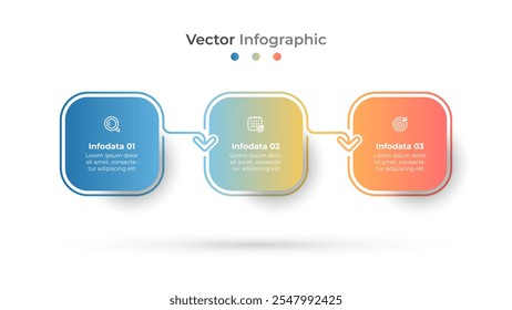 Gráfico de processo com quadrados modernos e ícones de marketing. Cronograma processos com 3 etapas ou opções. Ilustração vetorial.