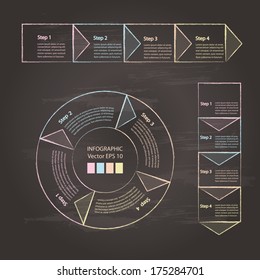 Process chart module, drawn by colored chalk on chalkboard background. Vector illustration.