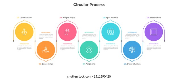 Process chart with seven colorful circular elements and arrows or pointers. Concept of 7 stages of business development. Flat infographic design template. Vector illustration for progress bar.