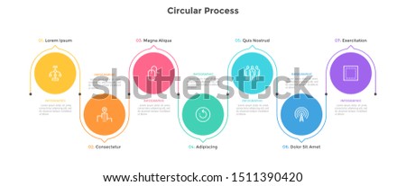 Process chart with seven colorful circular elements and arrows or pointers. Concept of 7 stages of business development. Flat infographic design template. Vector illustration for progress bar.