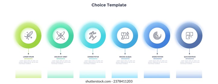 Prozessdiagramm mit sechs bunten, unscharfen Ringen in waagerechter Reihe. Konzept von 6 Stufen der Startentwicklung. Moderne Infografik-Design-Vorlage. Realistische Vektorgrafik für den Bericht.