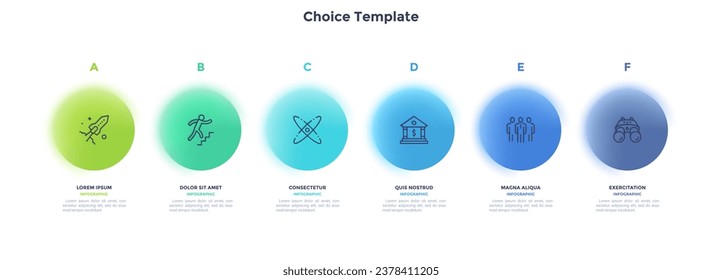 Prozessdiagramm mit sechs bunten, unscharfen Kreisen in horizontaler Reihe. Konzept von 6 Stufen der Startentwicklung. Moderne Infografik-Design-Vorlage. Realistische Vektorgrafik für den Bericht.