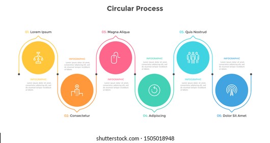 Process chart with six colorful circular elements and arrows or pointers. Concept of 6 stages of business development. Flat infographic design template. Vector illustration for progress bar.