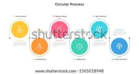 Process chart with six colorful circular elements and arrows or pointers. Concept of 6 stages of business development. Flat infographic design template. Vector illustration for progress bar.