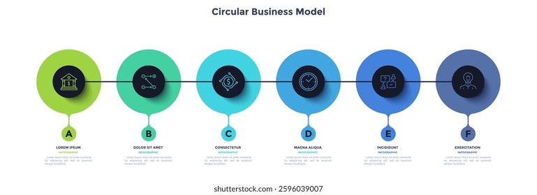 Process chart with six connected blak circles placed in horizontal row. Concept of 6 stages of startup development. Modern infographic design template. Flat vector illustration for report.