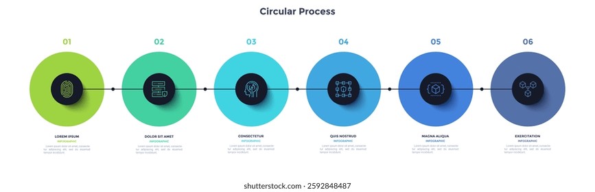 Process chart with six connected colorful circles placed in horizontal row. Concept of 6 stages of startup development. Modern infographic design template. Flat vector illustration for report.