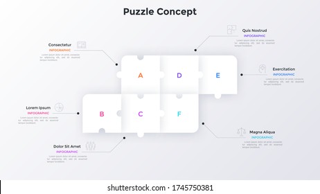 Process chart with six connected paper white square jigsaw puzzle pieces. Concept of 6 steps of business project development. Simple infographic design template. Modern flat vector illustration.