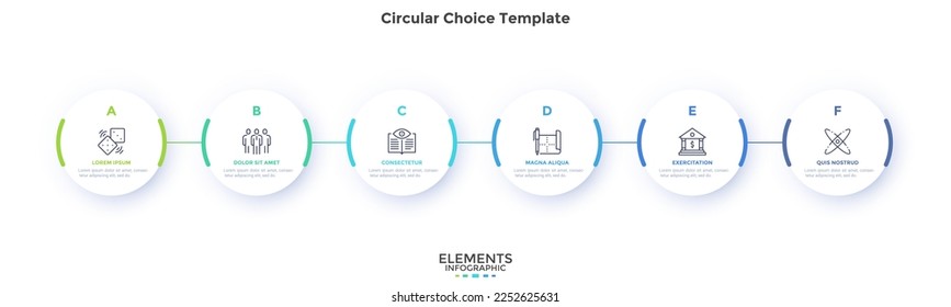 Process chart with six connected paper white circles placed in horizontal row. Concept of 6 stages of startup development. Modern infographic design template. Flat vector illustration for report.