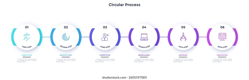 Process chart with six connected paper white circles placed in horizontal row. Concept of 6 stages of startup development. Modern infographic design template. Flat vector illustration for report.