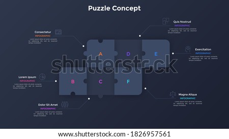 Process chart with six connected paper black square jigsaw puzzle pieces. Concept of 6 steps of business project development. Simple infographic design template. Modern flat vector illustration.