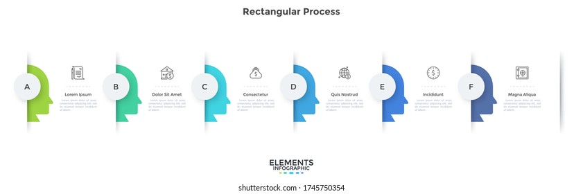 Gráfico de procesos con seis cabezas humanas colocadas en fila horizontal. Concepto de 6 etapas sucesivas del pensamiento empresarial. Plantilla sencilla de diseño infográfico. Ilustración vectorial moderna para presentación.