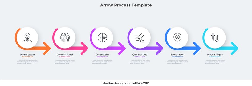 Process chart with six paper white round elements placed in horizontal row and connected by arrows. Concept of 6 steps of business progress. Minimal infographic design template. Vector illustration.